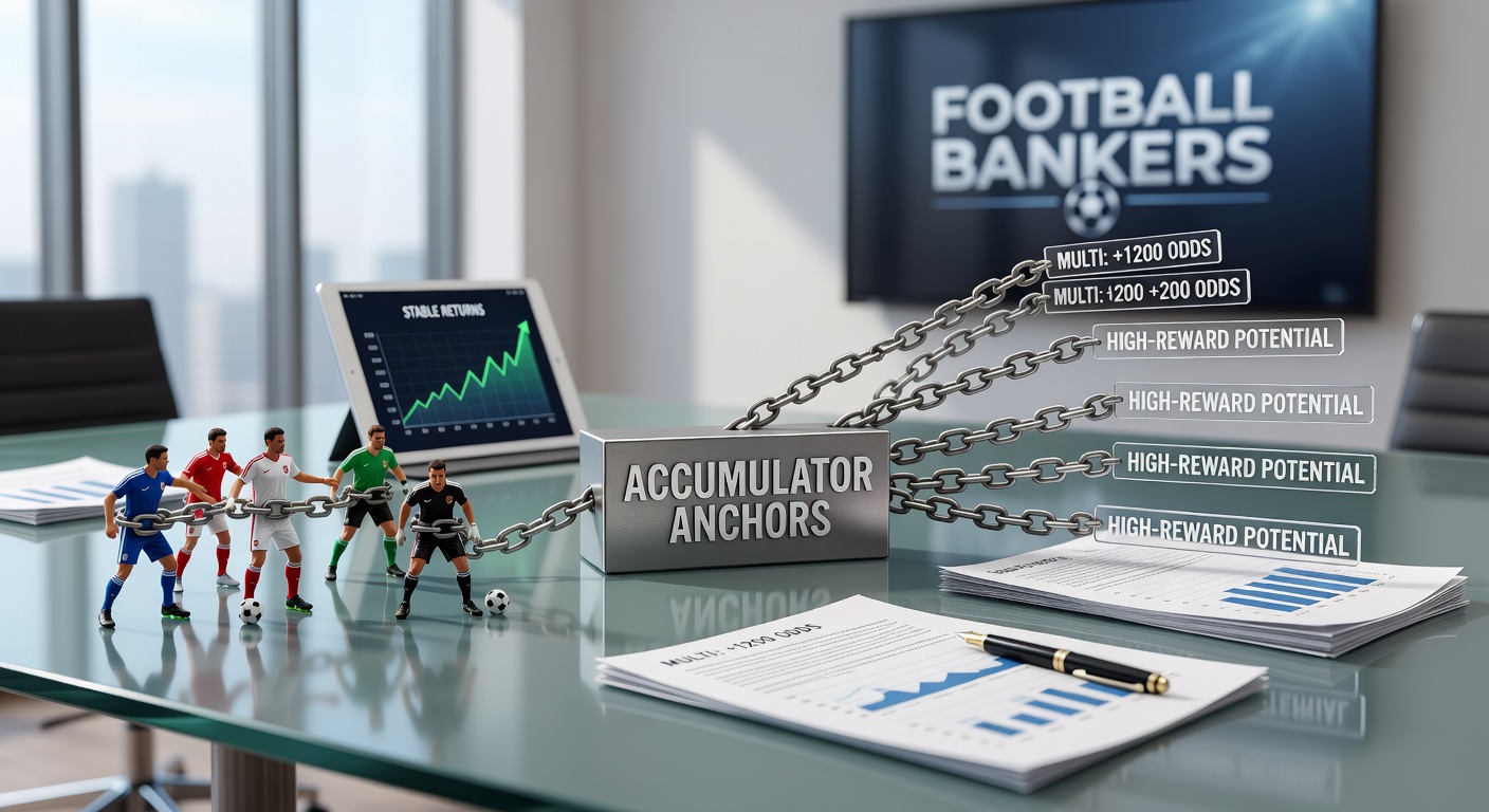 A digital graphic showing stacked football accumulator bets with glowing anchor icons representing low-risk banker selections, highlighting stability amid high odds