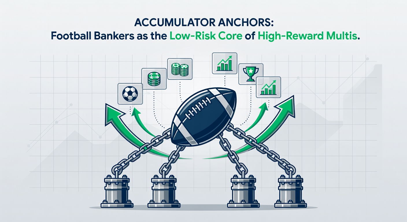 Close-up chart displaying win probability curves for anchored versus unanchored football accumulators, with green lines peaking higher for banker-inclusive multis amid volatile red lines