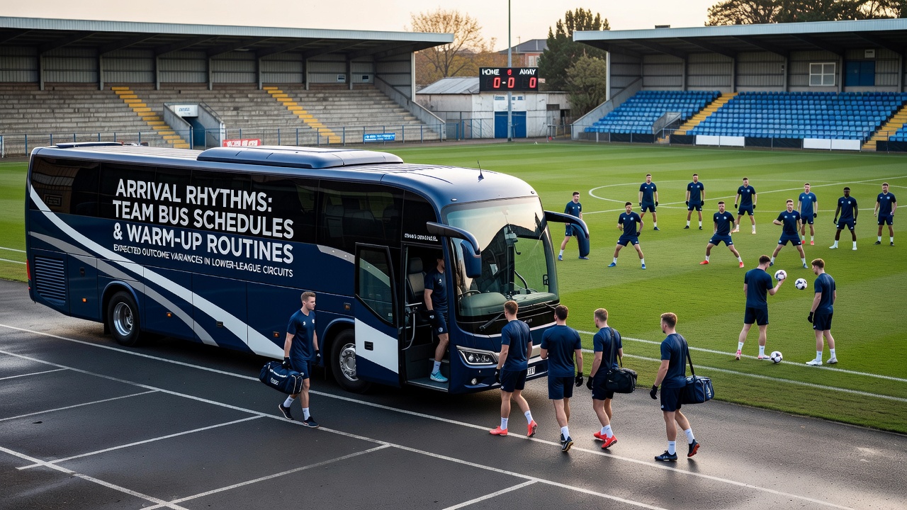 Lower-league soccer team bus arriving at a modest stadium before a match