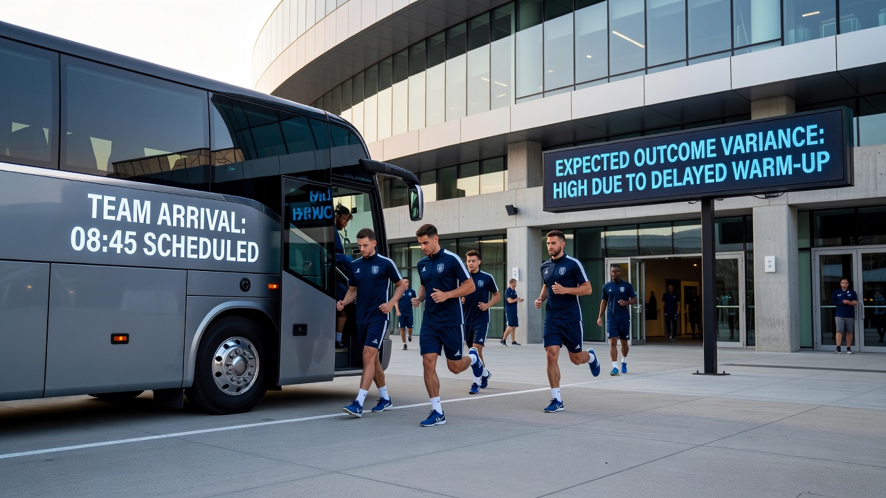 Players performing abbreviated warm-up drills on a pitch after a delayed team bus arrival