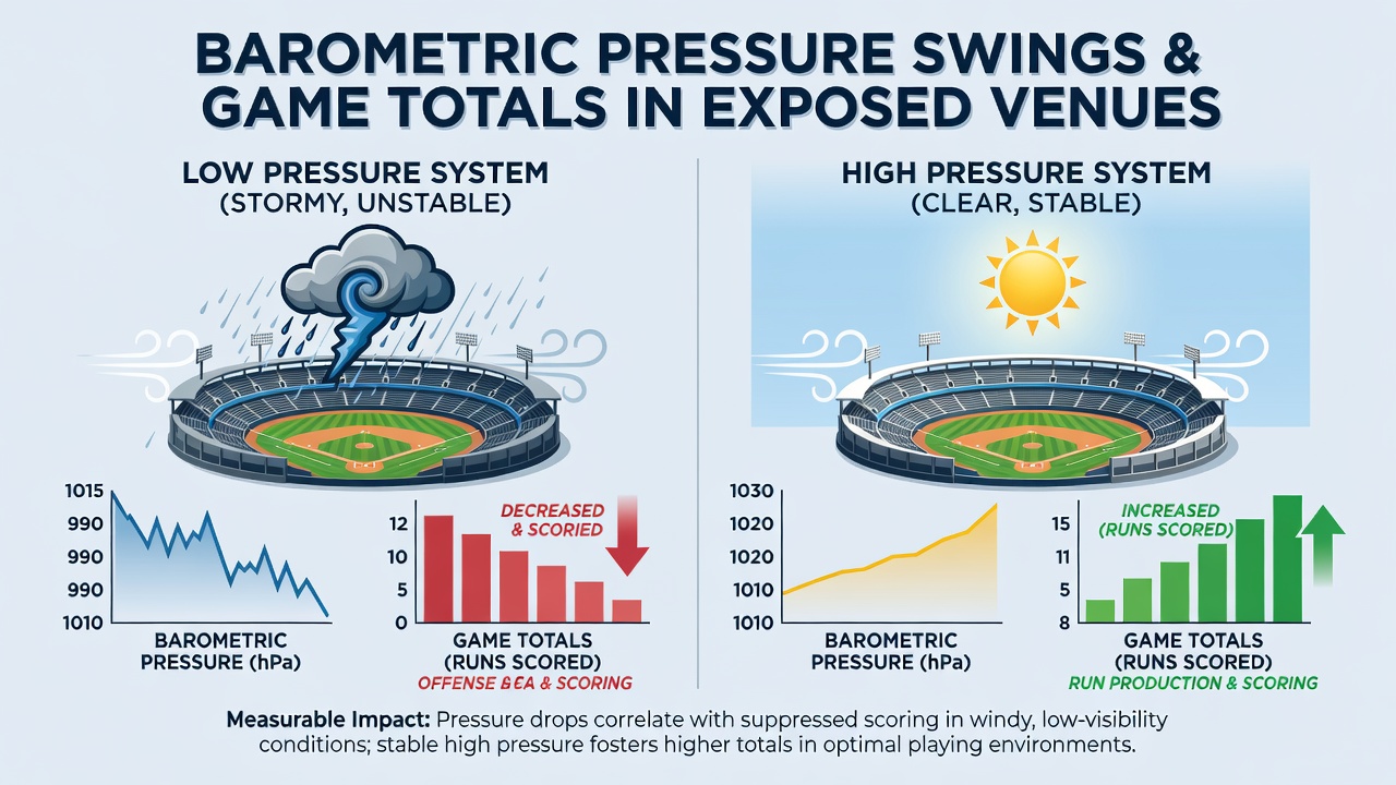 Outdoor stadium view during changing weather conditions with visible atmospheric instruments and scoreboard displaying game totals
