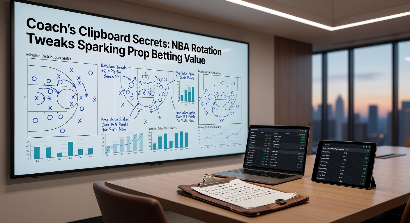 NBA coach reviewing clipboard with player rotations during a timeout, highlighting strategic tweaks