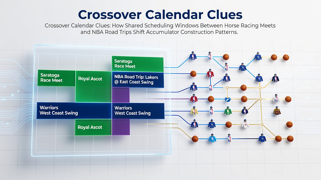 Calendar overlap visualization showing NBA road trip dates aligned with major horse racing meet schedules across different venues