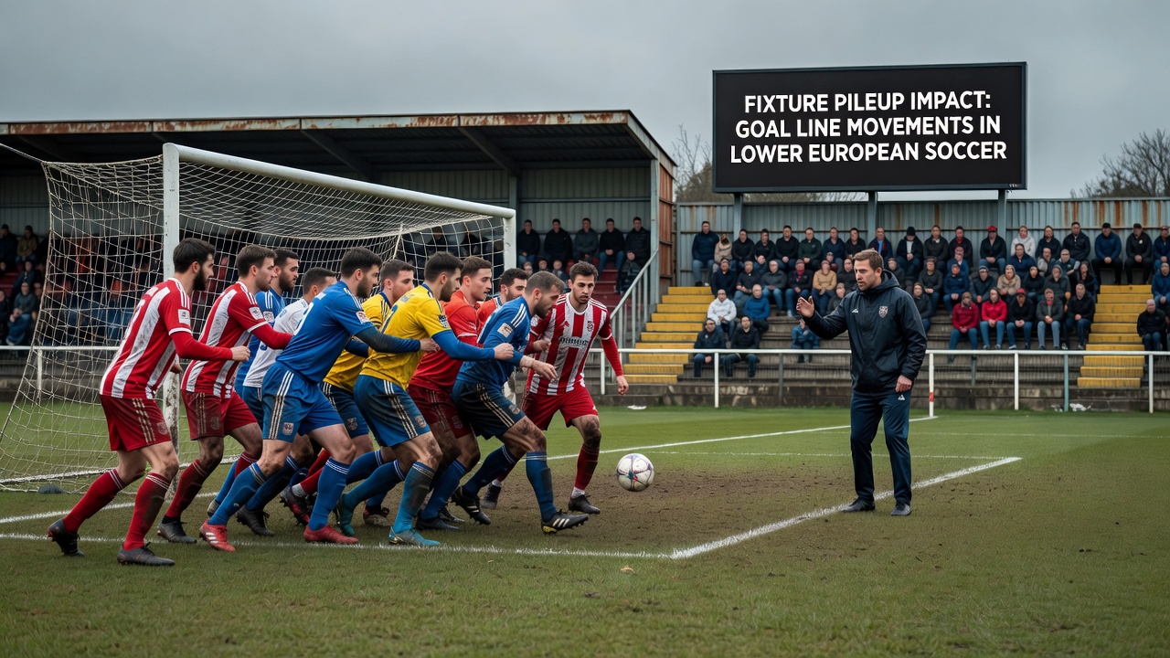 Coaching staff reviewing tactics on a tablet during a lower-league match affected by fixture congestion