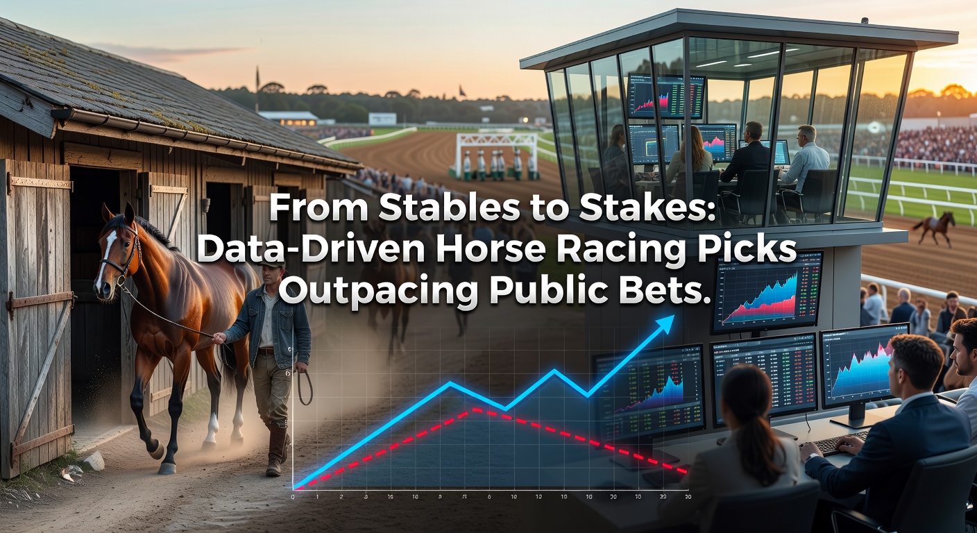 A dynamic scene of horses thundering down a racetrack, with data overlays highlighting speed figures and betting odds in the foreground, capturing the blend of tradition and modern analytics in horse racing.