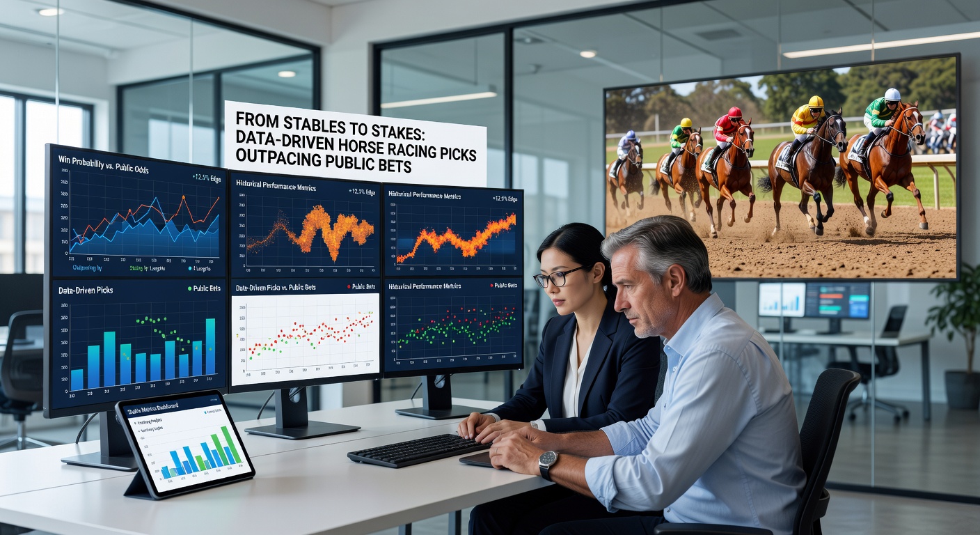 Close-up of a data dashboard displaying horse racing analytics, including graphs of speed ratings, betting volume comparisons between public and sharp money, and predictive win probabilities, illustrating the tech behind outpacing traditional bets.
