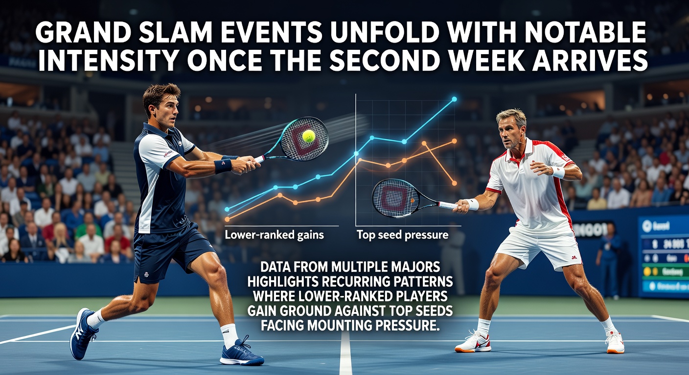 Tennis players competing intensely during the second week of a Grand Slam tournament on a clay court