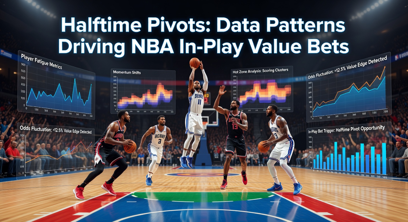 Graph overlay on NBA court visualizing halftime data patterns like pace changes and rebound rates during a pivotal playoff game