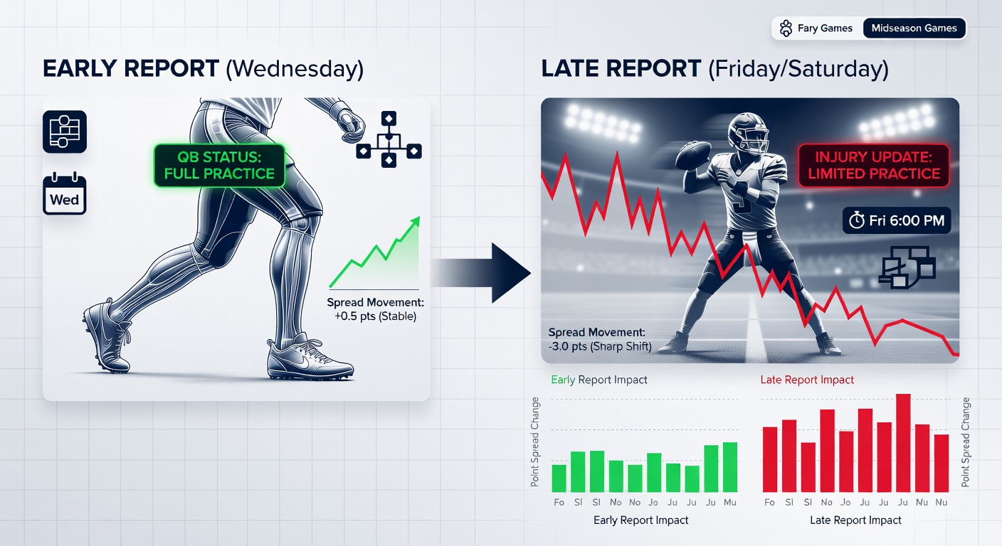 Chart displaying football spread movement trends correlated with injury report release times in midseason weeks
