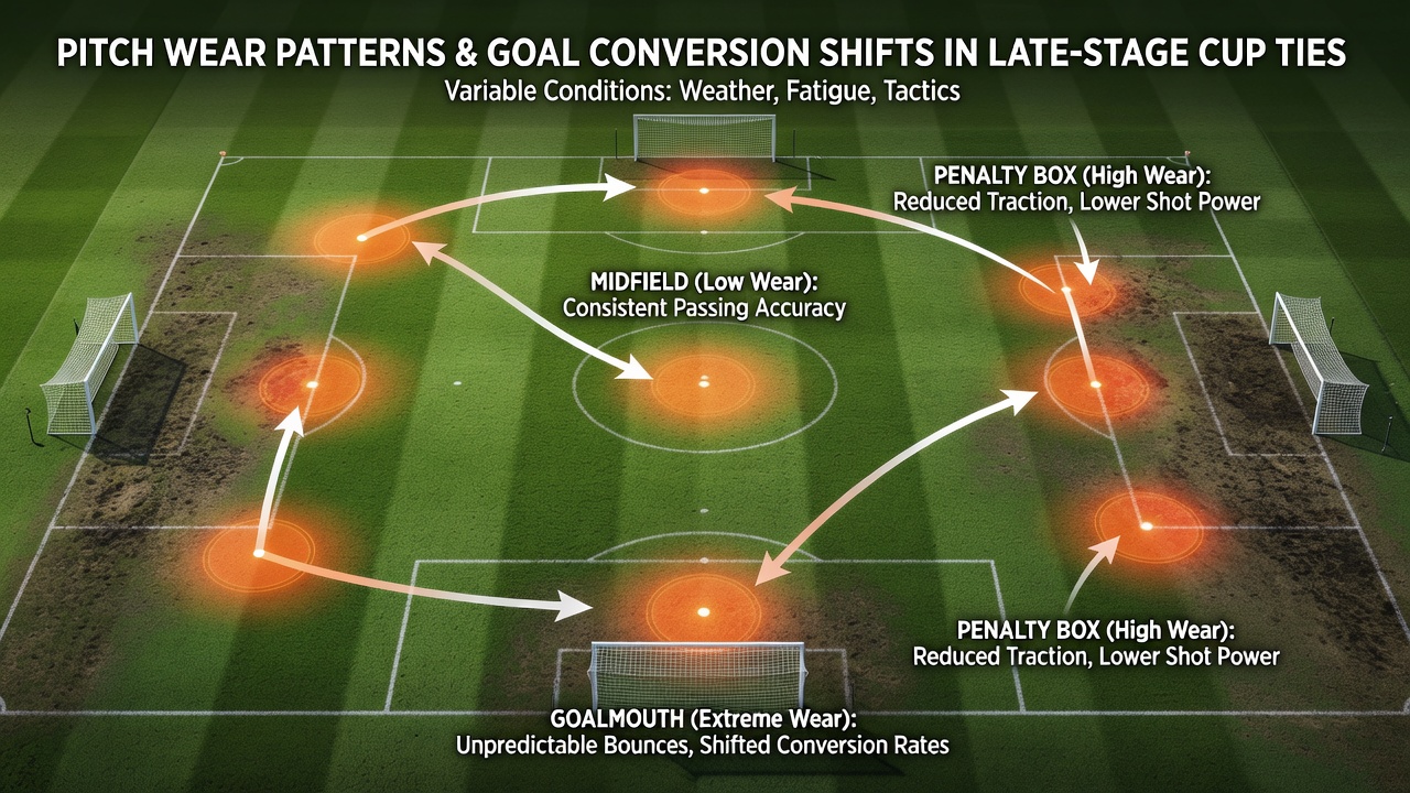 Comparison of pitch surfaces showing wear differences between natural grass and artificial turf in cup competitions