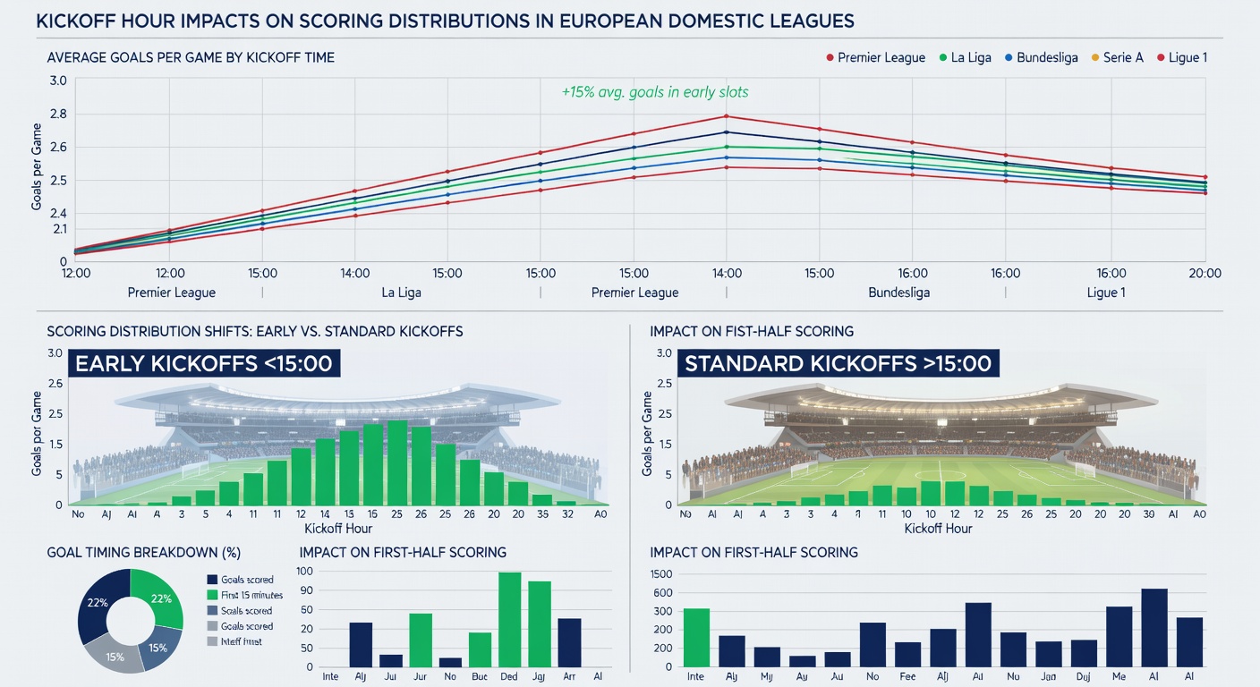 Detailed goal distribution graphs for evening versus afternoon kickoffs in top European leagues
