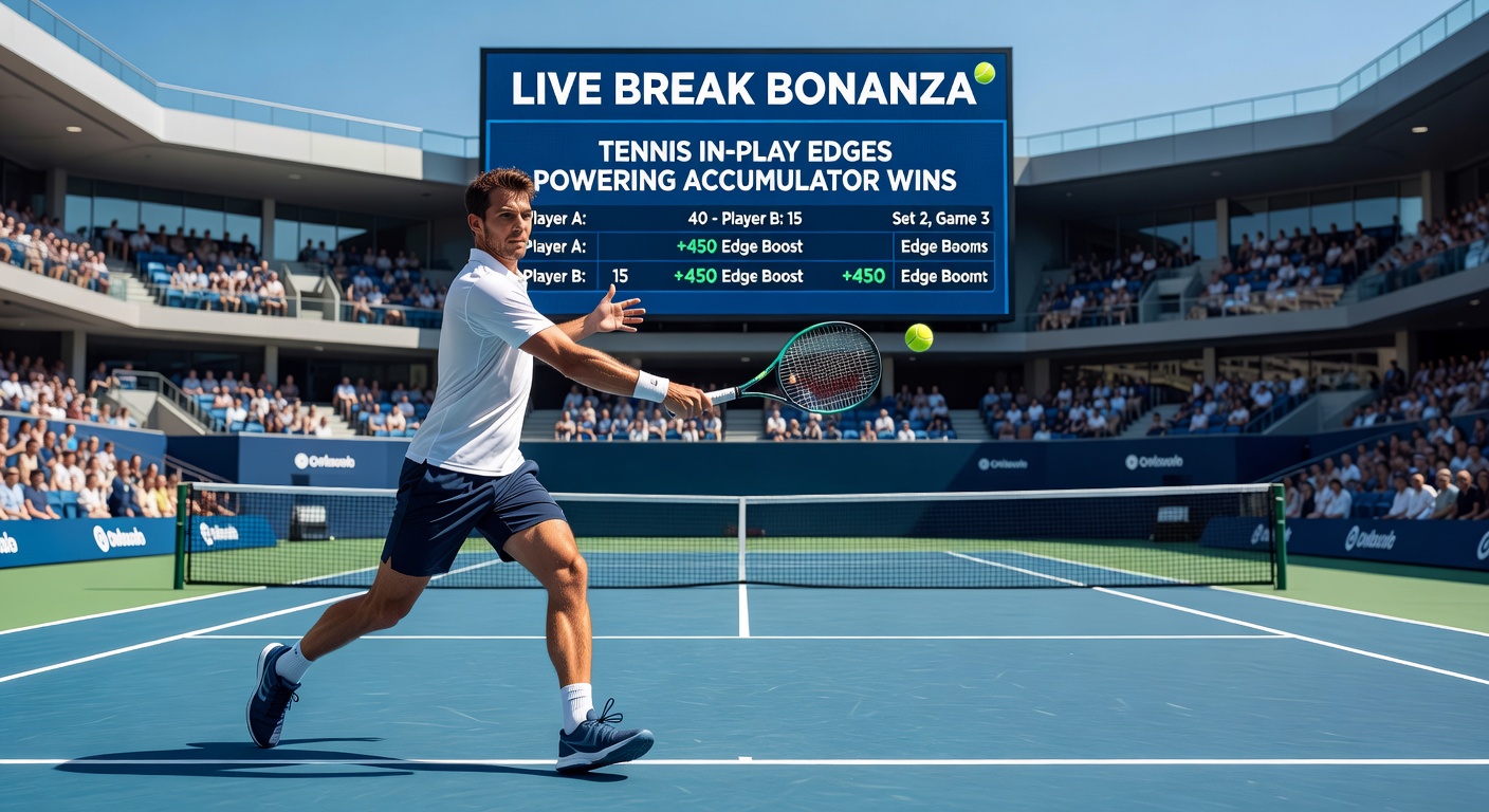 Close-up of tennis player celebrating a crucial break of serve in a packed stadium, odds board visible in background
