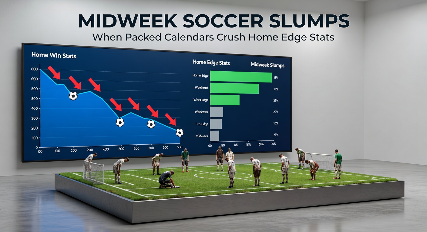 Graph showing declining home win percentages from weekends to midweek fixtures across major leagues, with bars highlighting the slump