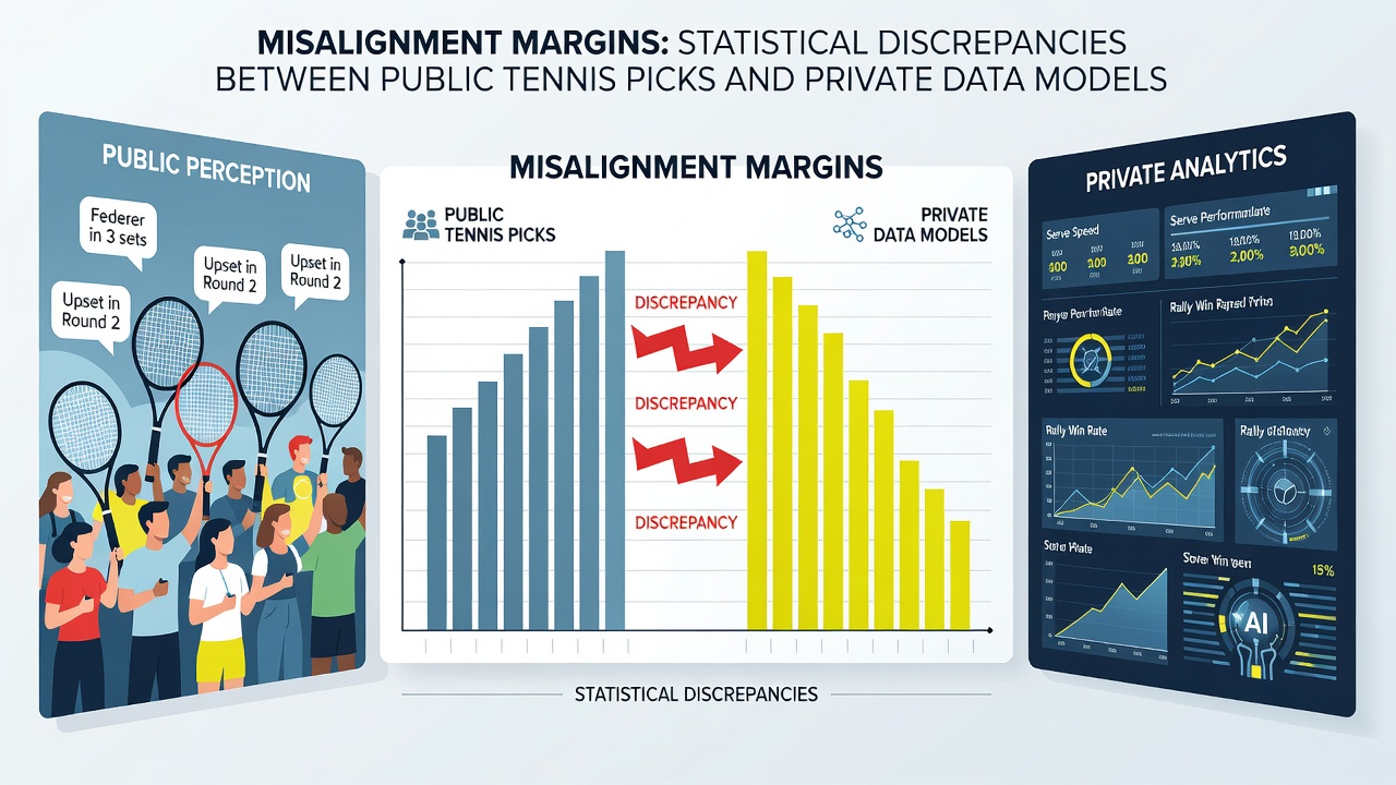 Data visualization of tennis prediction variances between public selections and algorithmic models across multiple pre-season matches
