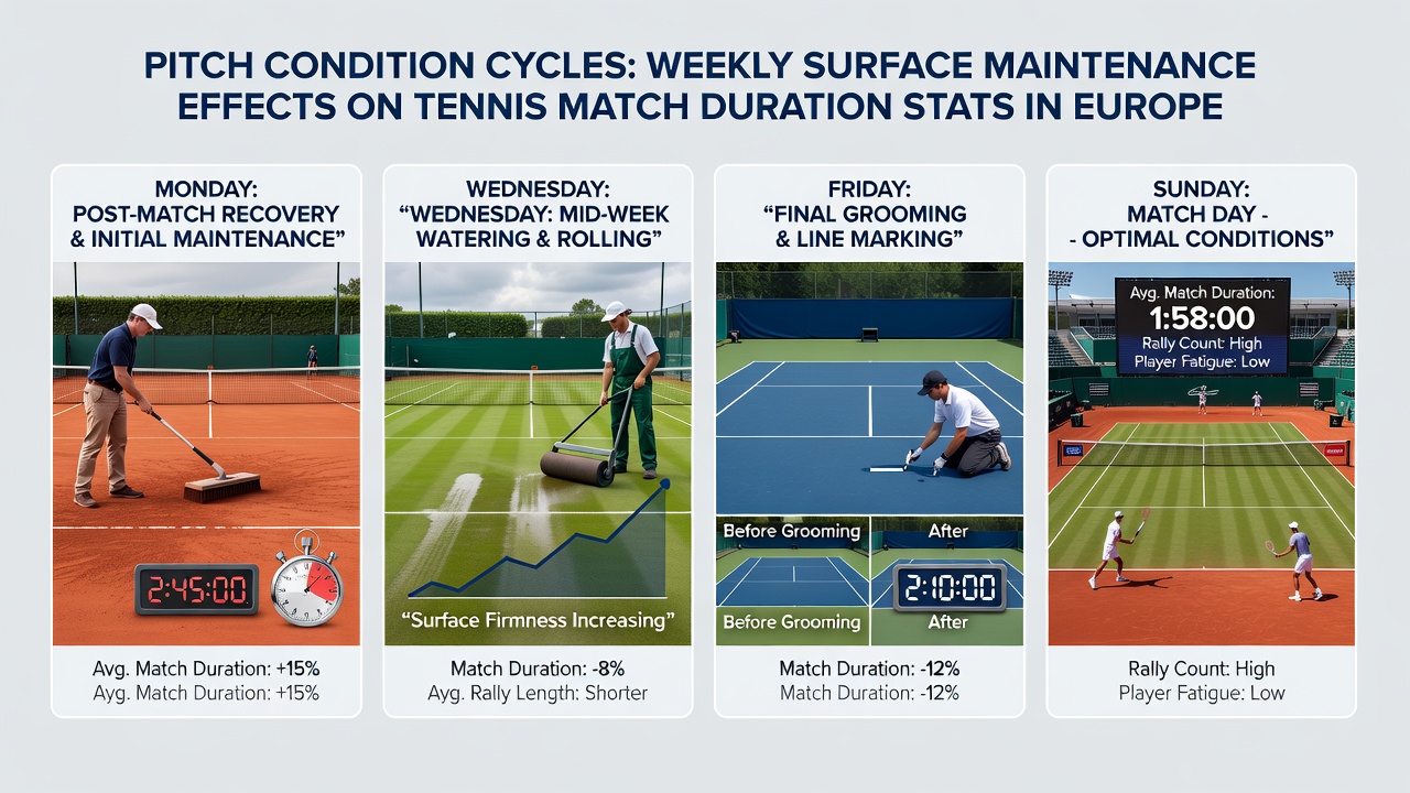 Tennis players competing on a maintained clay court with visible surface texture differences