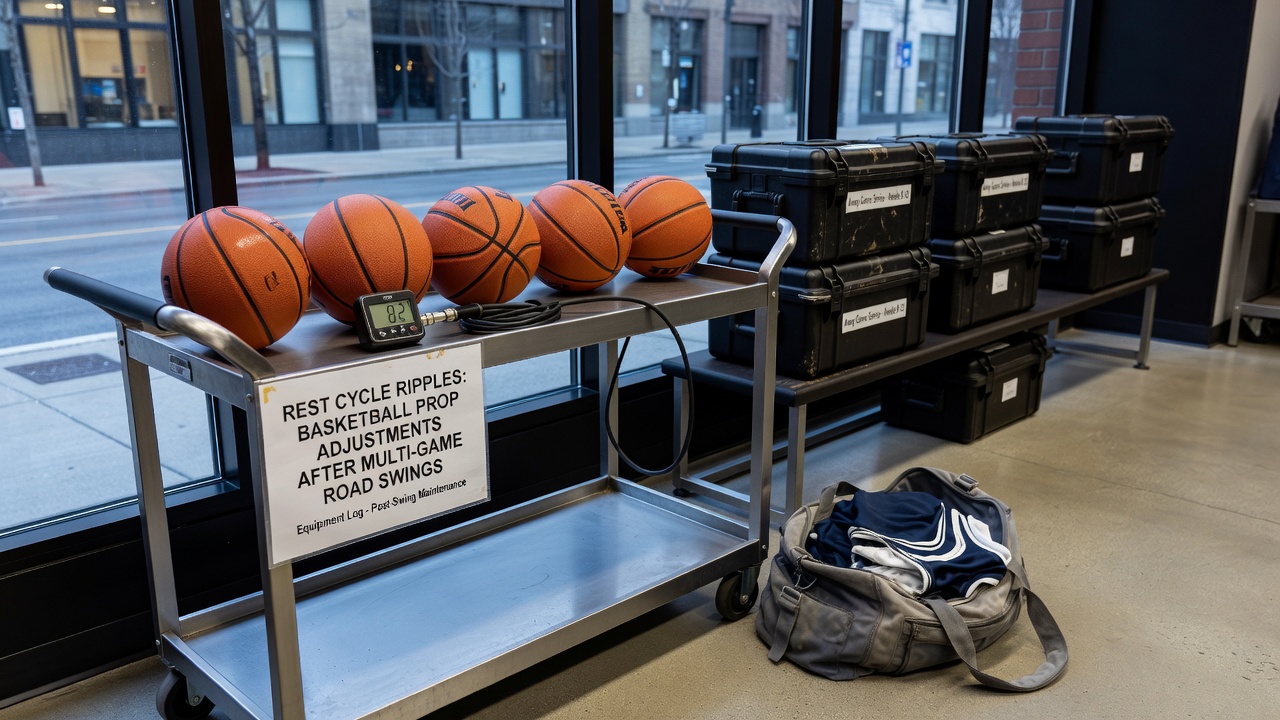 Coaches reviewing fatigue reports and adjusting rotations during an NBA road swing