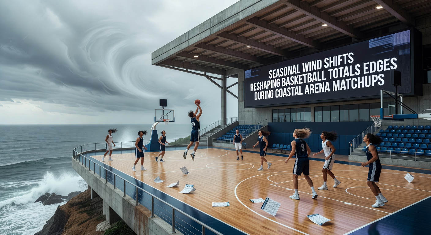 Coastal basketball arena exterior showing wind patterns near oceanfront venues