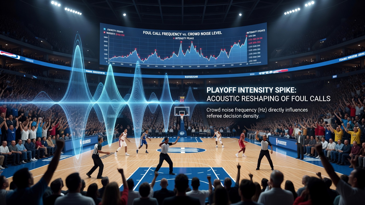 Referees signaling calls amid packed playoff crowd with visible sound wave overlays