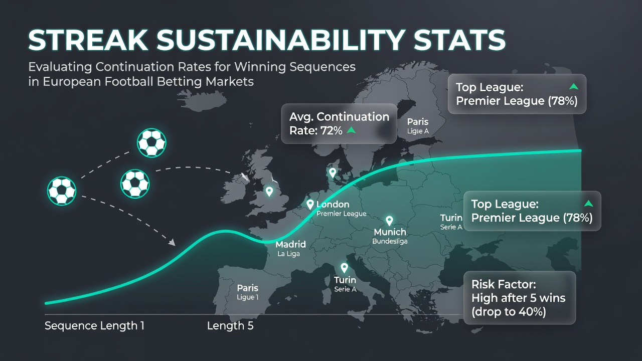 Chart displaying continuation rates for winning streaks across major European football leagues including Premier League, La Liga, and Bundesliga data points from 2020 to 2026