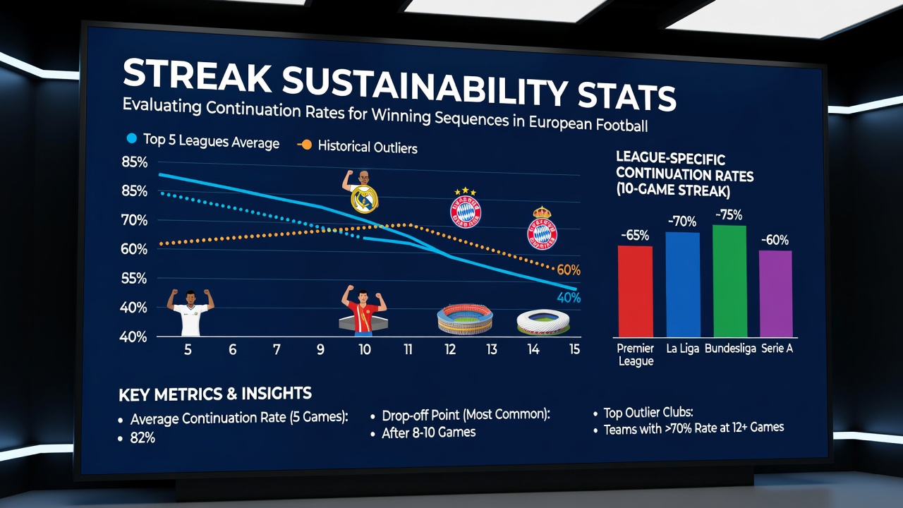 Infographic showing regional streak continuation percentages for European football leagues with comparative bar charts and seasonal trend lines