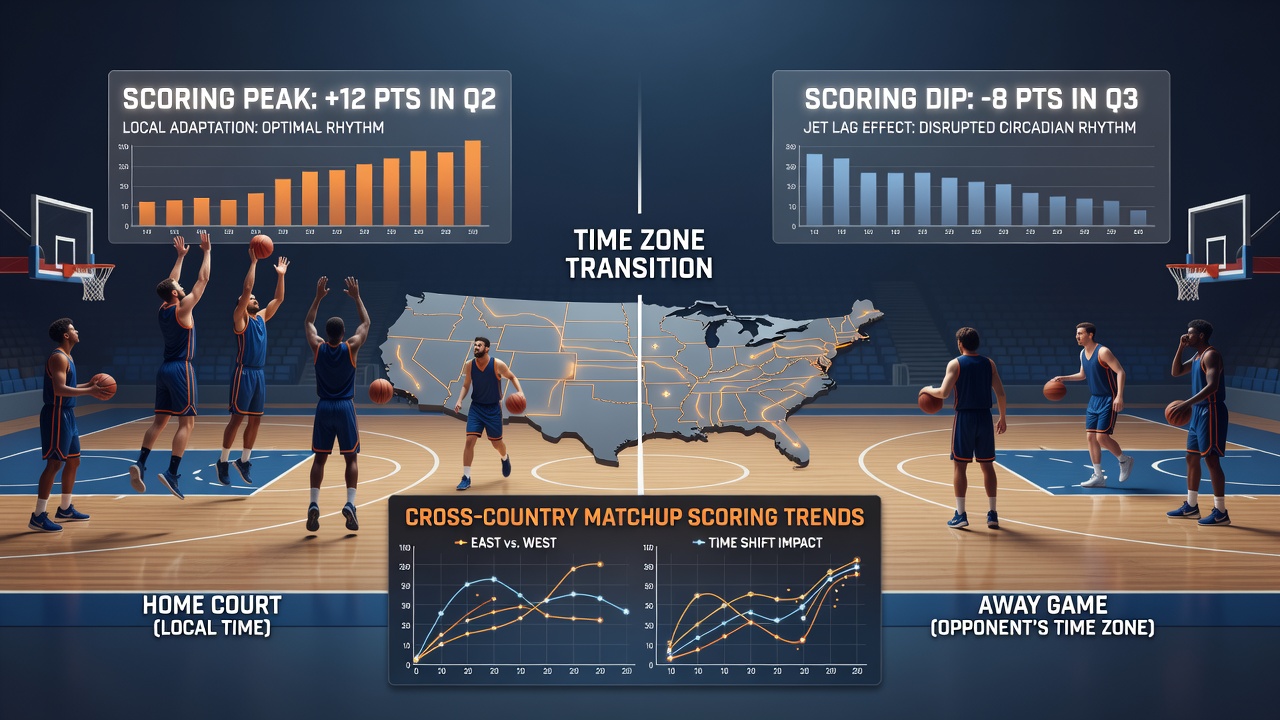 Data visualization of scoring shifts in basketball games involving time zone travel
