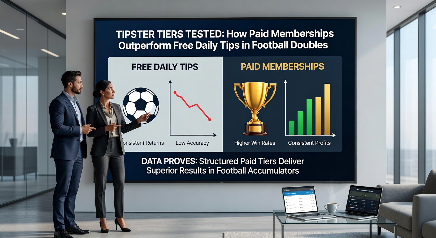 Bar chart illustrating ROI differences for football doubles across tipster tiers, with paid memberships in green outperforming free in red over multiple seasons