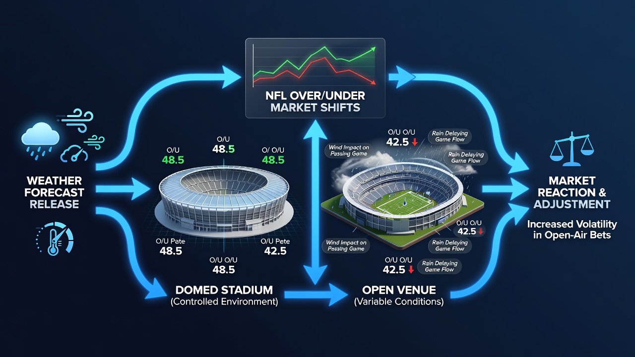 Chart displaying NFL over/under line movements correlated with weather forecast updates